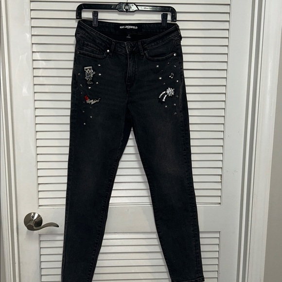 Karl Lagerfeld Charcoal Embellished Denim with patches and metal studding - Picture 2 of 8